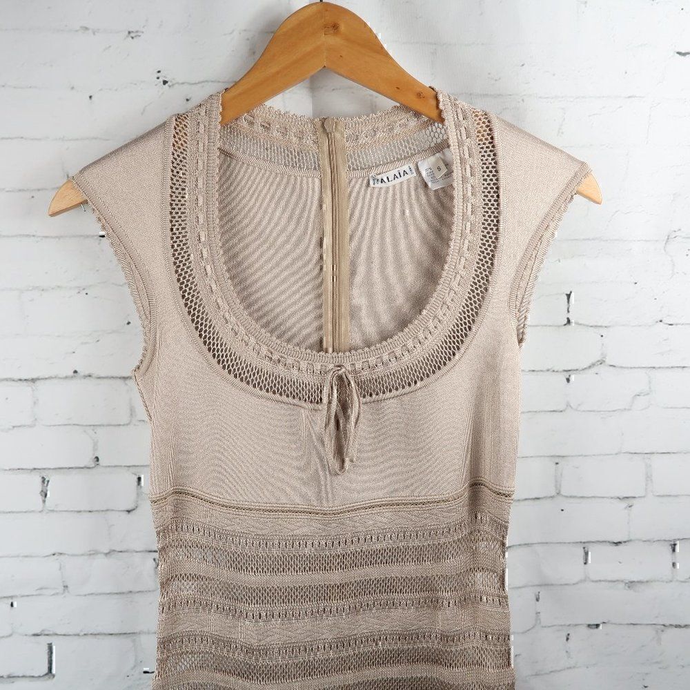 AZZEDINE ALAIA ICONIC 1993 VINTAGE SEMI SHEER CROCHET KNIT NEUTRAL/TAN DRESS - Picture 9 of 14